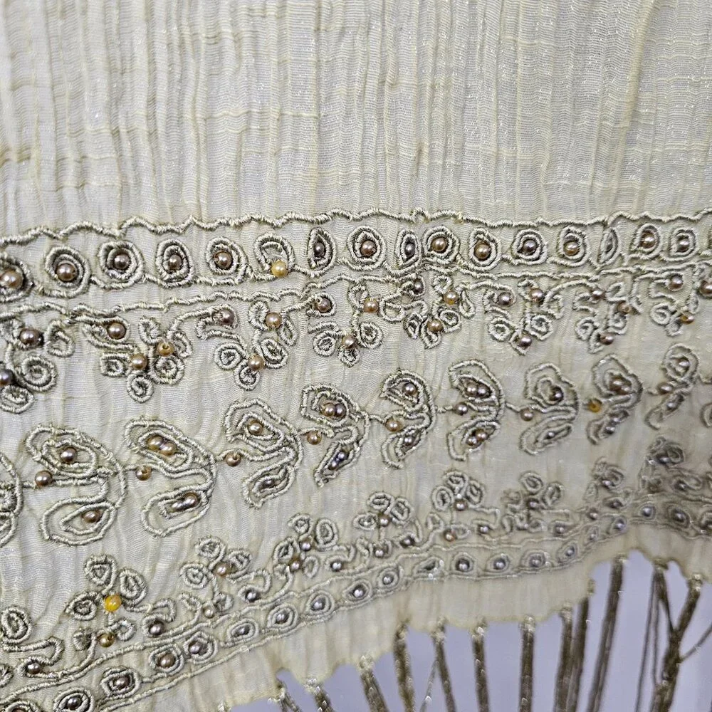 Green Boho Sheer Beaded Embroidered Shimmery Fringed Scarf - Picture 6 of 12